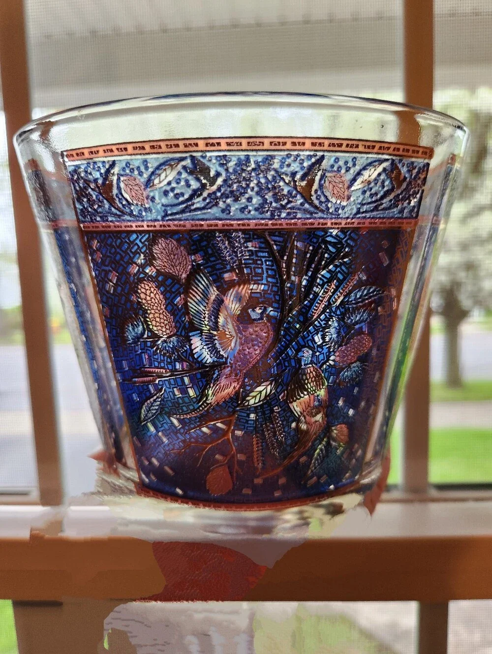 Vintage 1970s Houze Art Glass Pheasant Ice Bucket, Blue Gold Purple Cranberry 6